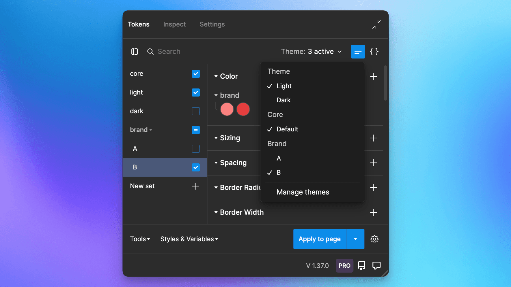 An open theme dropdown in the Tokens Studio for Figma plugin